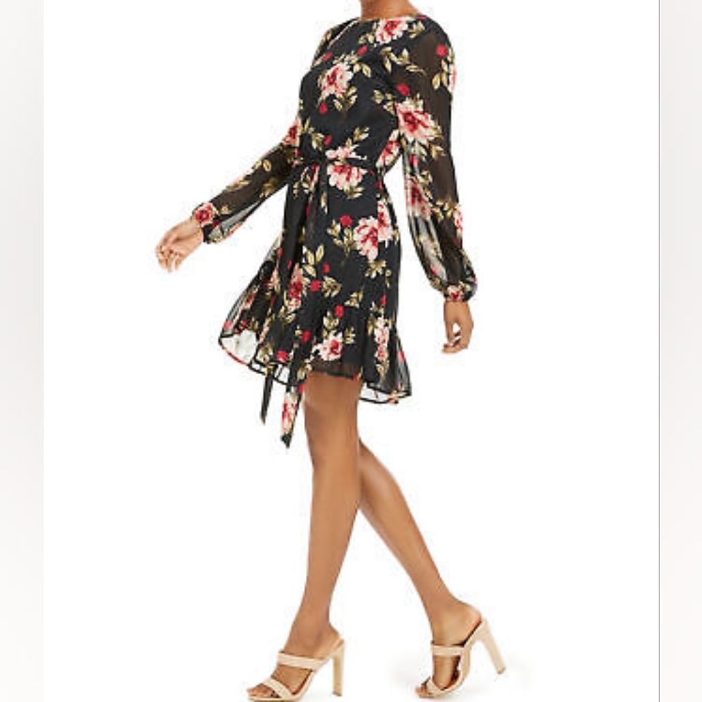 City Vibe Black Metallic Floral-Print Belted Chiffon Mini Dress Small